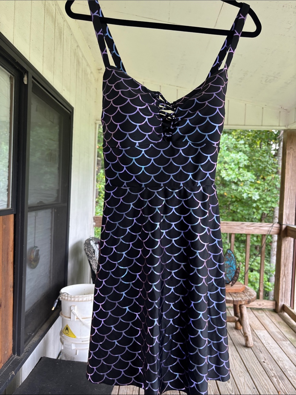Torrid Black One-Piece Swim Dress with Iridescent Purple-Blue Scale Print